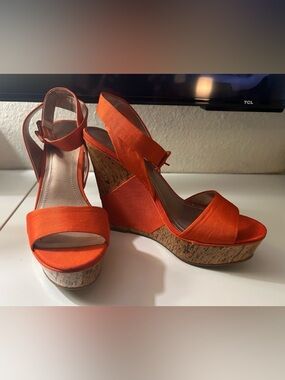 Sole Society Orange Cork Wedge Sandals with Ankle Straps. Size 10